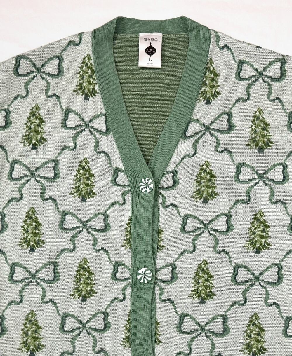 Merry Moments Cardigan Sweater Womens Large Green Christmas Tree Print Peppermin